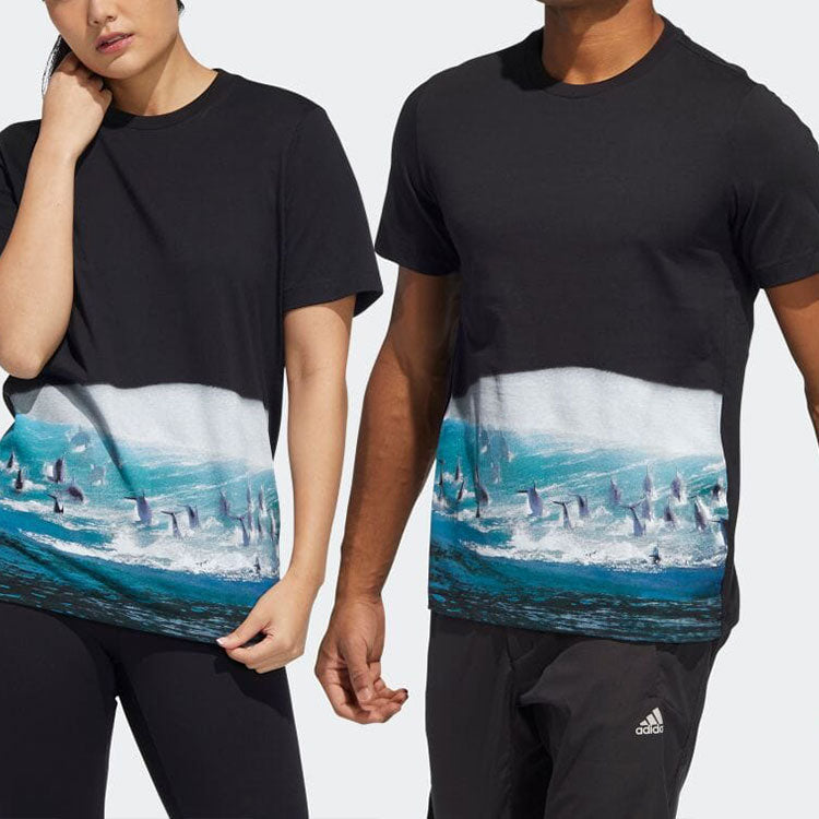 adidas Landscape Pattern Printing Round Neck Pullover Short Sleeve Black T-Shirt HE5193