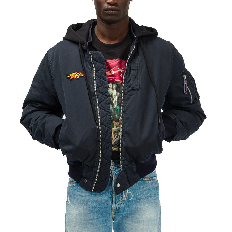 Off-White FW20 Stencil Vintage Applique Hooded Long-sleeve Jacket Men's Navy Blue OMEH017E20FAB0014501