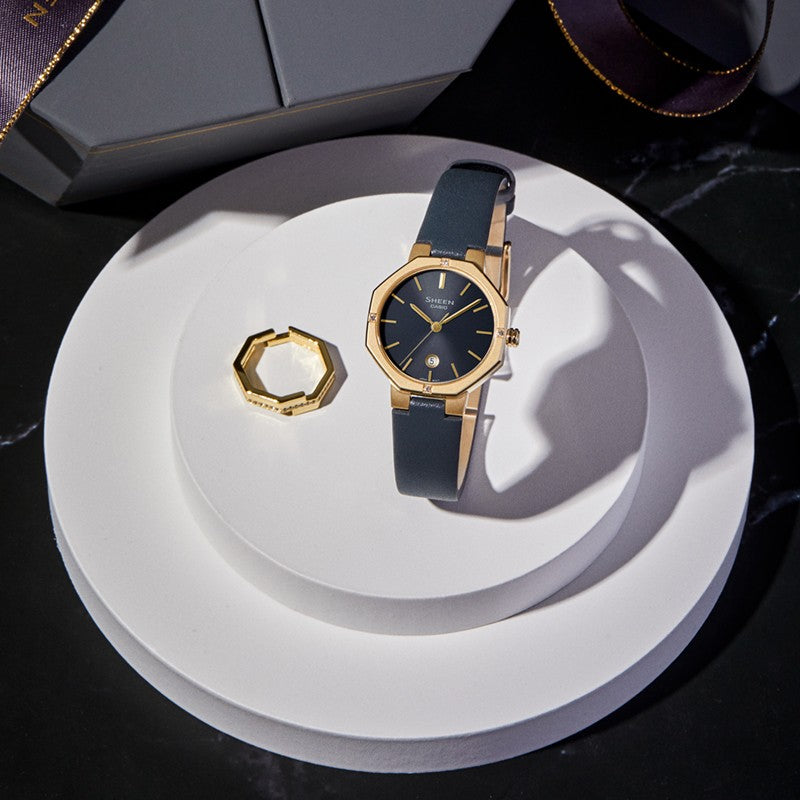 CASIO SHEEN Octagon Sapphire Crystal Gold Color Case 50m Waterproof Leather Strap Black Watch Black/Gold Analog SHE-4543GL-8A
