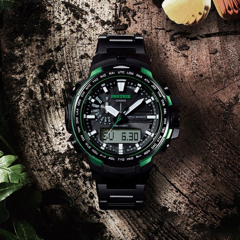 CASIO solar electric wave outdoor sports male waterproof /Blue Solar Powered Mens Black Analog/Digital Combo PRW-6100FC-1PR
