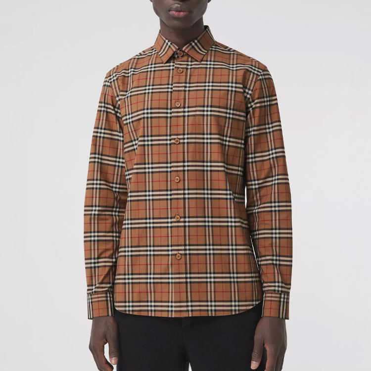 Men's Burberry Plaid Elastic Cotton Shirt Brown 80386691
