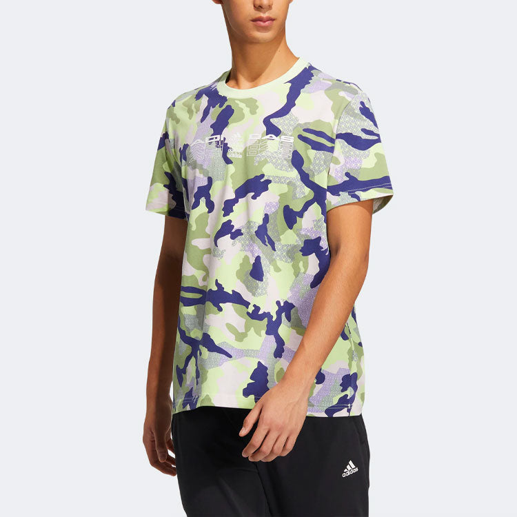 Men's adidas Casual Round Neck Logo Pullover Camouflage Short Sleeve Acid Green T-Shirt HE7415