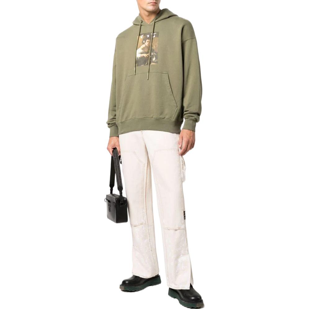 Men's Off-White SS22 Solid Color Illustration Printing Hooded Long Sleeves Version Green OMBB085F21FLE01355845584