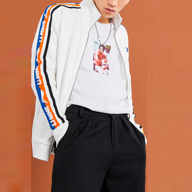 Li-Ning Sports Fashion Series Logo Printing Side Stripe Stand Collar Zipper Jacket 'White' AWDRH29-1
