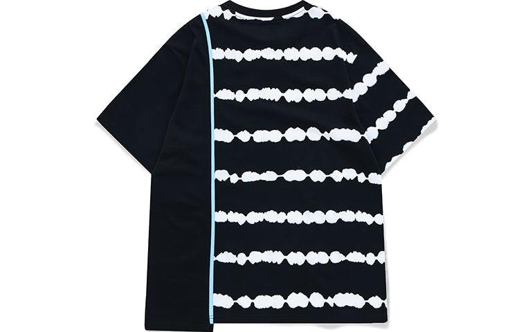 Men's FILA FUSION Tie Dye Printing Irregular Splicing Loose Knit Short Sleeve Black White T-Shirt T11M131105F-BK