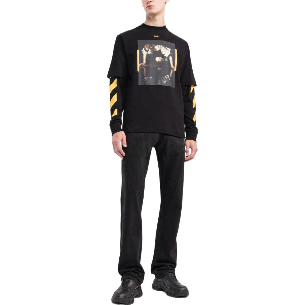 Men's Off-White SS22 Printing Round Neck Long Sleeves Version Black T-Shirt OMAB068C99JER00310181018