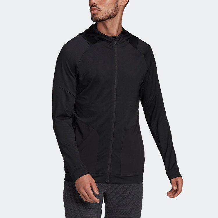adidas Solid Color Sports Gym Hooded Jacket Black HC4214