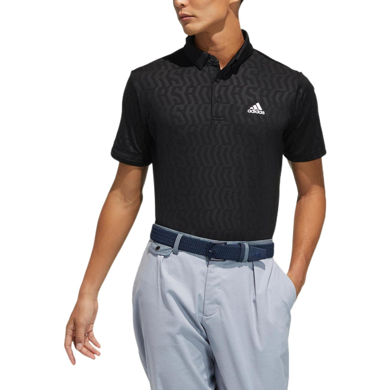 Men's adidas Casual Micro Mark Full Print Logo Short Sleeve Black Polo Shirt GM3626