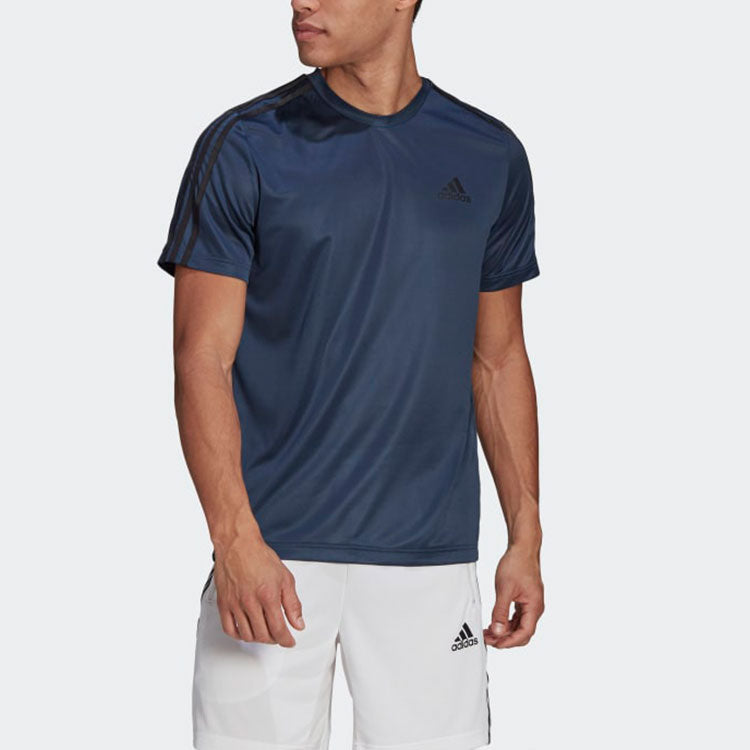 adidas M 3S T Stripe Training Sports Short Sleeve Navy Blue GM2106