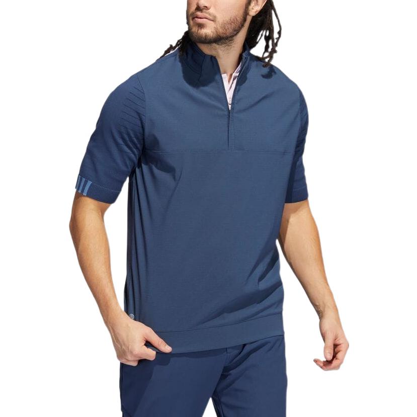 Men's adidas Solid Color Stand Collar Pullover Short Sleeve Blue T-Shirt HE2889
