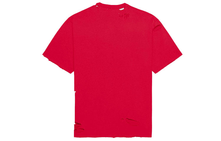 Men's Balenciaga Alphabet Printing Pattern Hole Round Neck Short Sleeve Red 651795TKVB86295