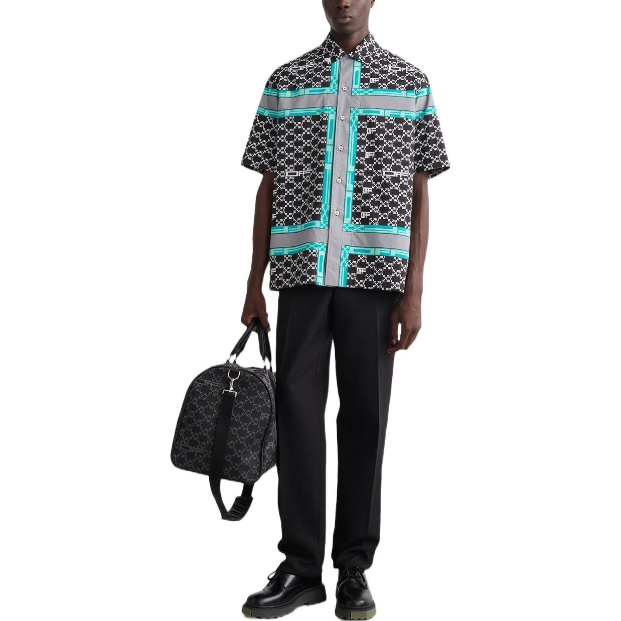 Men's Off-White FW22 Classic Logo Full Print Lapel Short Sleeve Loose Fit Black Shirt OMGA196S22FAB0041001