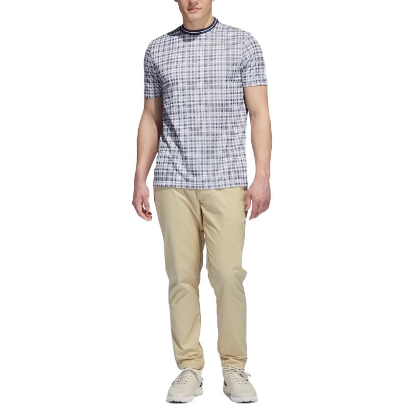 Men's adidas Adicross Golf Sports Plaid Round Neck Short Sleeve White / Slightly Blue T-Shirt HF9097