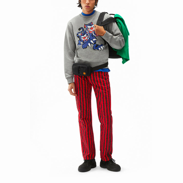 Men's KENZO x Kansaiyamamoto Crossover SS21 TIGER Cartoon Printing Pattern Round Neck Pullover Gray FB55SW0134ML-95