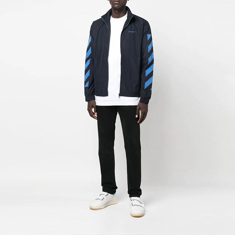Men's Off-White SS22 Small Logo Embroidered Zipper Stand Collar Jacket Version Blue OMBD040F22FAB0014645