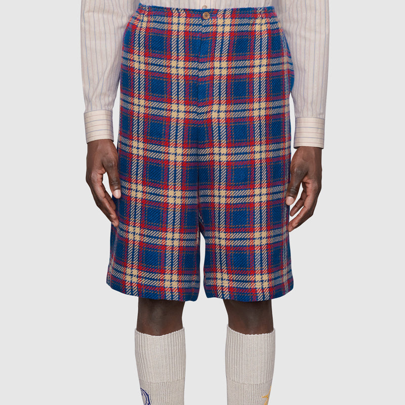Gucci Anchor Checked Cotton And Linen Shorts For Men Blue/Red 630590-ZAE37-4104