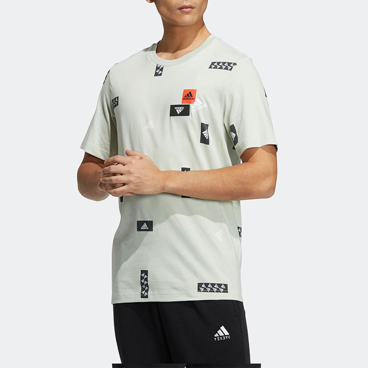 Men's adidas Full Print Logo Patch Printing Round Neck Short Sleeve Green T-Shirt HM2967