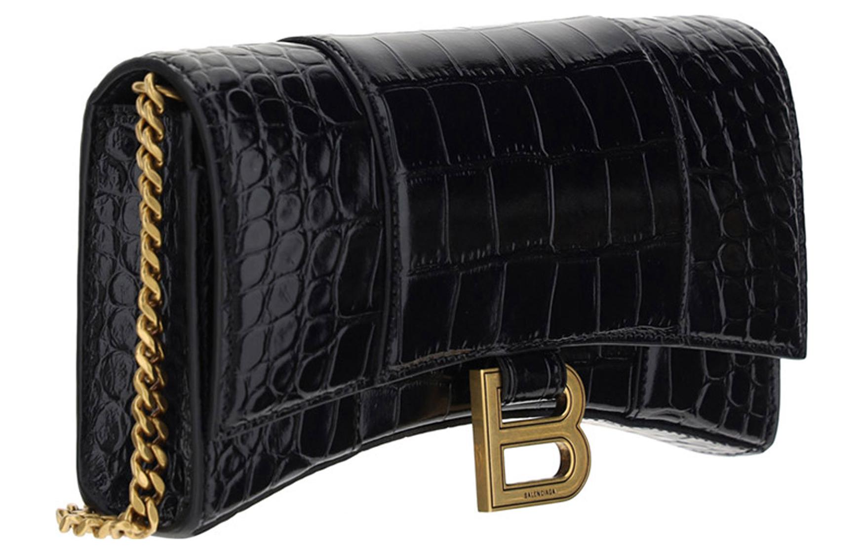 (WMNS) Balenciaga Hourglass Wallet On Chain Crocodile Embossed 'Black' 6560501LRGM1000