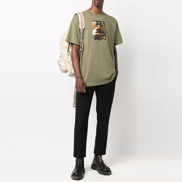 Men's Off-White FW21 Painting Printing Round Neck Short Sleeve Loose Fit Green T-Shirt OMAA038F21JER0055584