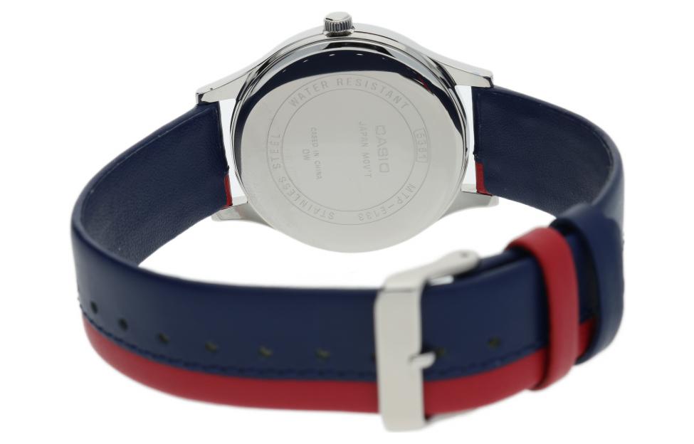 Men's CASIO Dress Series Leather Strap White Dial Pointer Display Quartz Watch Blue Red Analog Mens MTP-E133L-2EEF