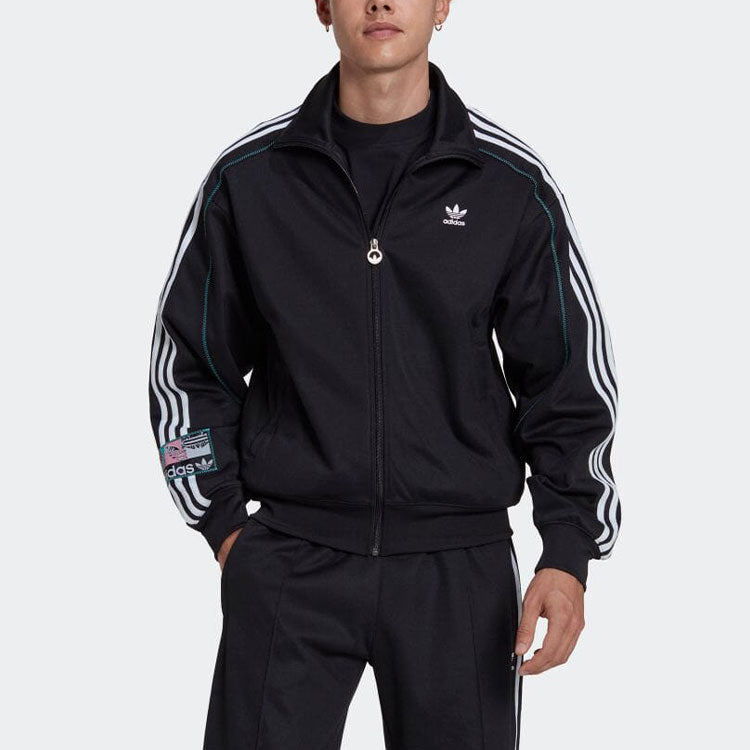adidas originals Stripe Logo Embroidered Stand Collar Jacket Unisex Black HS2628