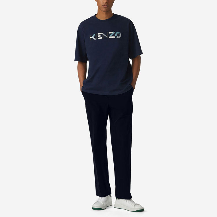 Men's KENZO SS21 Colorblock Logo Casual Short Sleeve Navy Blue FA65TS0554SK-76