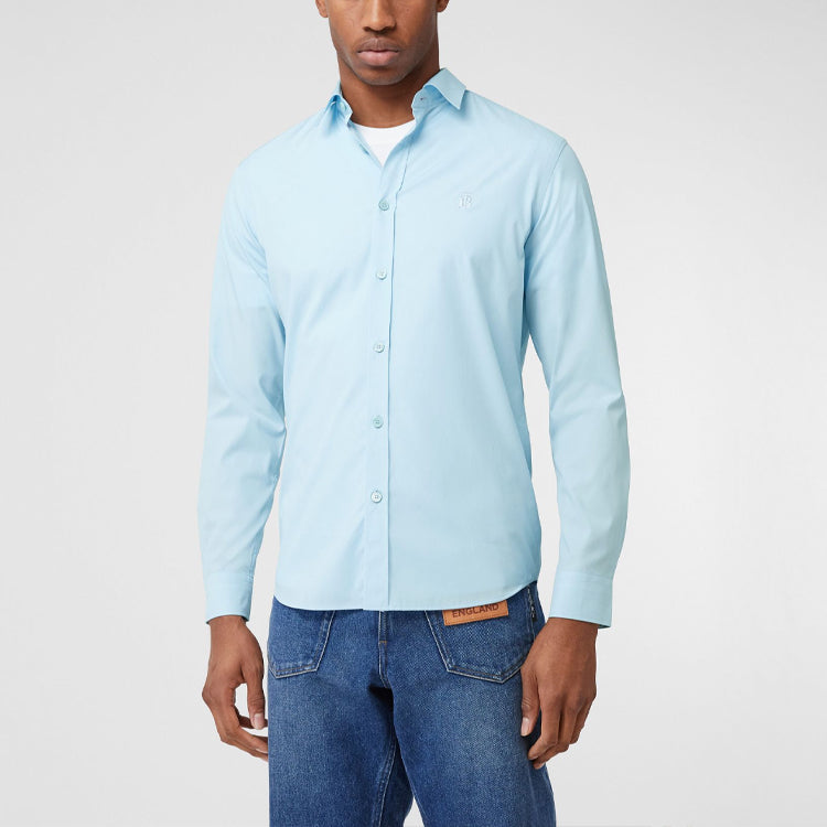 Men's Burberry Logo Embroidered Casual Long Sleeves Cotton Shirt Blue 80175491
