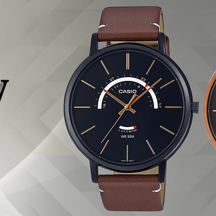 Men's CASIO Dress Series Waterproof Quartz Black Dial 43mm Leather Strap Watch Mens Brown Analog MTP-B105RL-1AV