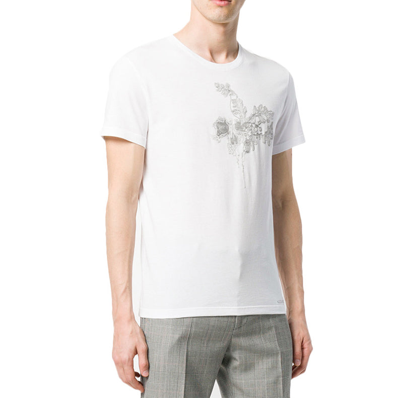 Men's Alexander McQueen Flowers Pattern Round Neck Short Sleeve White 463984-QKZ63-0900