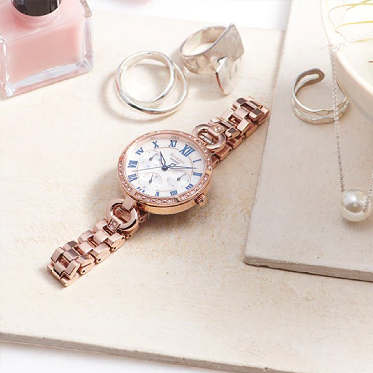 CASIO SHEEN Series Simplistic Casual Fashion Stainless Steel SHE-3067PG-7 Rose-gold White Analog SHE-3067PG-7A