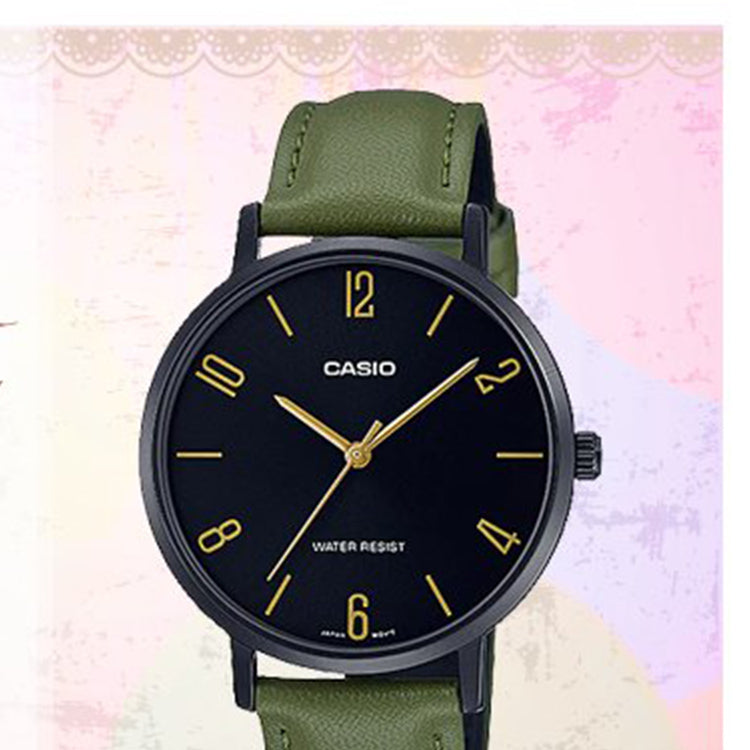 CASIO Dress Series Classic Minimalistic Exquisite Fashion Watch 34mm Waterproof Green Strap Black Analog LTP-VT01BL-3B
