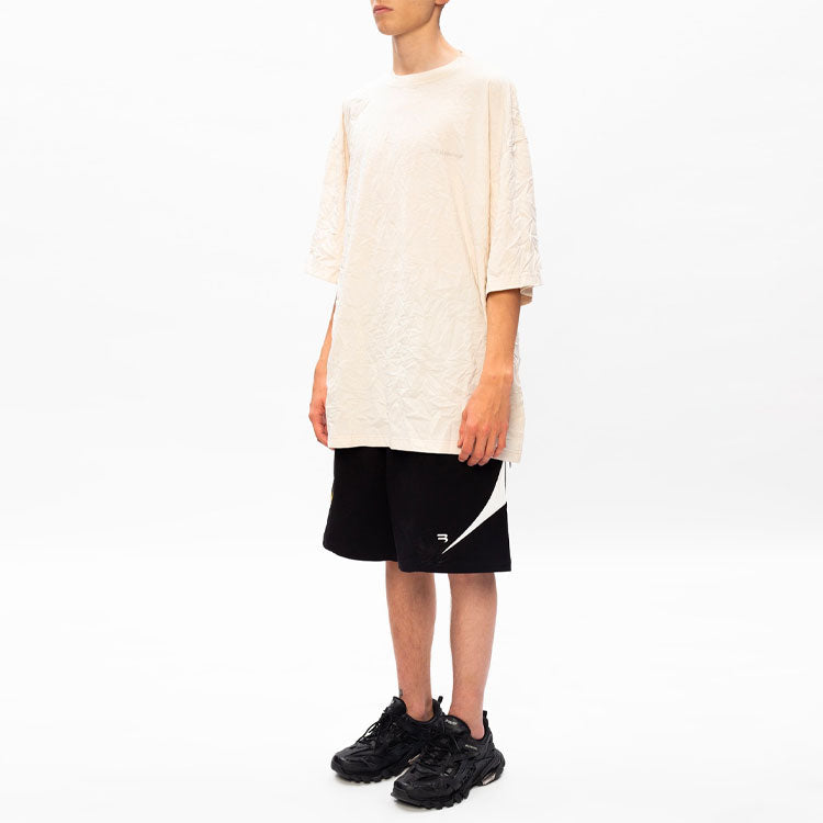 Men's Balenciaga Logo Embroidered Round Neck Short Sleeve Creamy White 641614TJV829757