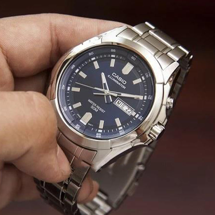 CASIO Waterproof Quartz Date Display Led Lighting Blue Dial 46mm Stainless Steel Strap Watch Silver Analog MTP-E205D-2AVDF