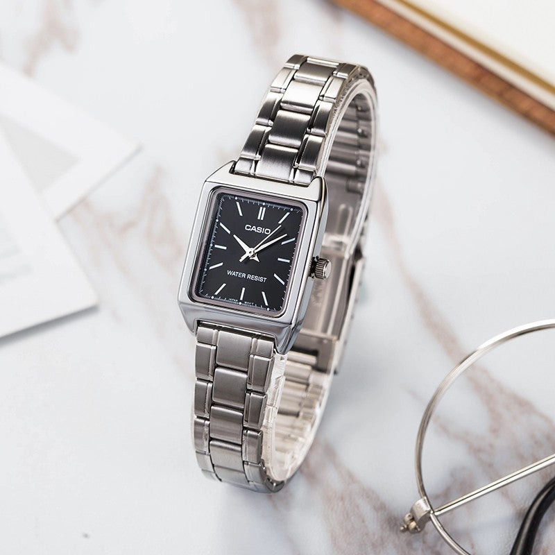 CASIO Square Stainless Steel Band Stainless Steel Strap Black Analog LTP-V007D-1E