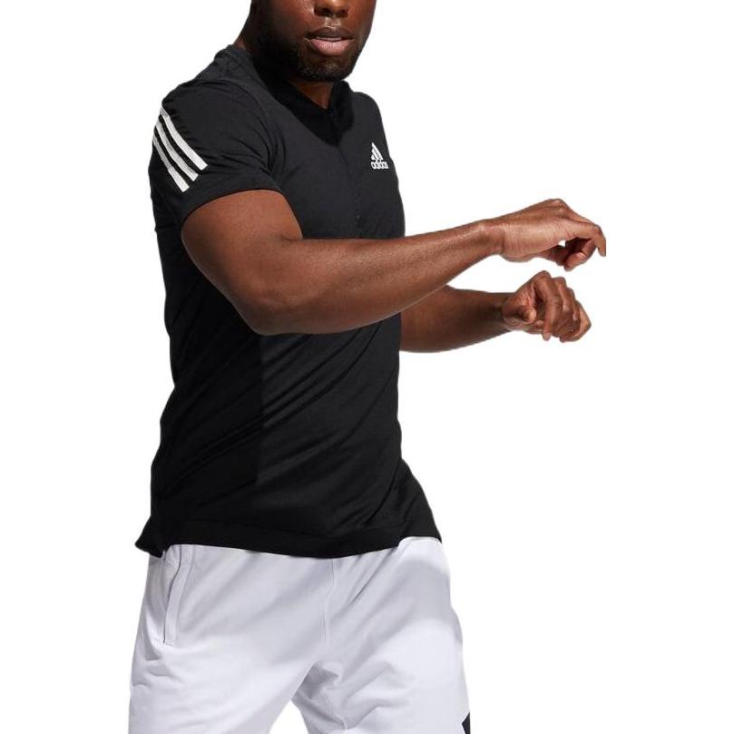 adidas Stripe Logo Printing Half Zipper Pullover Short Sleeve Japanese Version Black T-Shirt GT3872