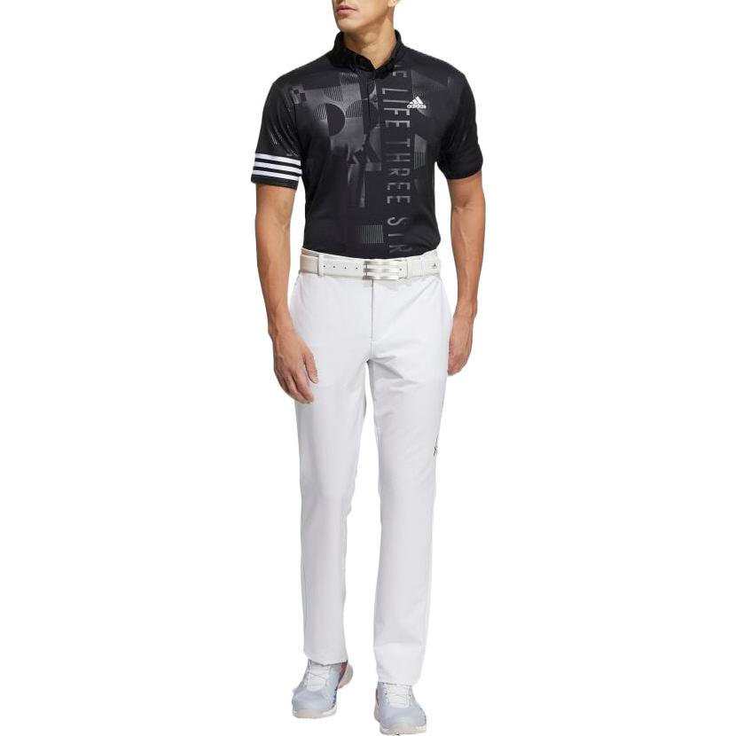 Men's adidas Stripe Embossing Printing Logo Short Sleeve Button Black Polo Shirt HA3116