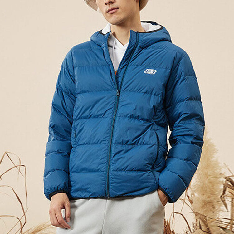 Skechers Solid Logo Printed Short Hooded Down Jacket 'Blue Teal Green' L421M105