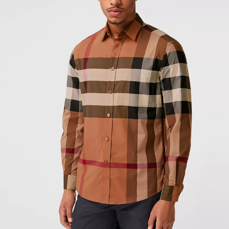 Burberry Check Stretch Cotton Shirt Male Brown 80376401