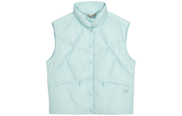 (WMNS) Skechers Stand-up Collar Woven Hooded Down Vest 'Black Blue White' L421W019