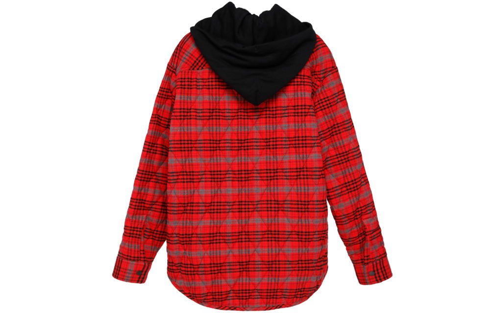 Off-White Mens Loose Padded Flannel Plaid Hooded Shirt Jacket OMEA201F19F330032000