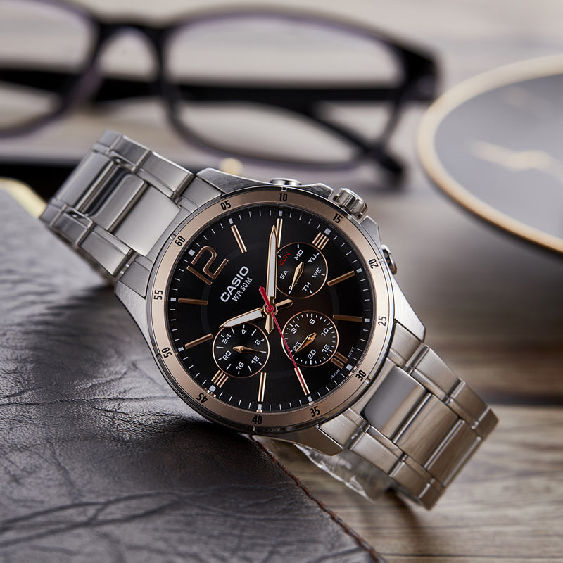 CASIO Quartz Waterproof Stainless Steel Strap Mens SilverBlack Analog MTP-1374D-1A2