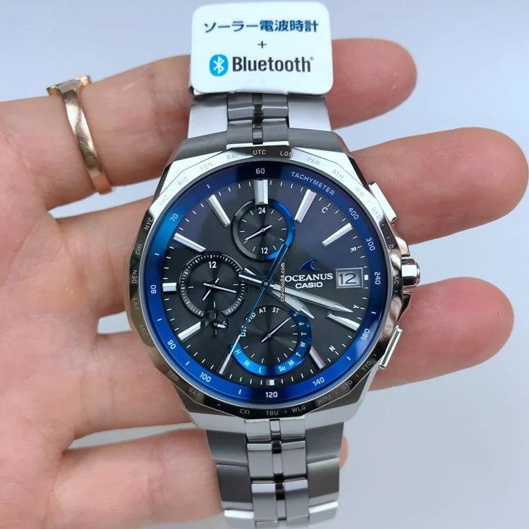 Men's CASIO Solor Wave Business Metallic Watch Solar Powered Mens Silver Analog OCW-S5000E-1AJF