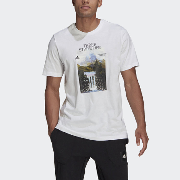 Men's adidas Snow Mountain Printing Sports Round Neck Short Sleeve White T-Shirt GN6851