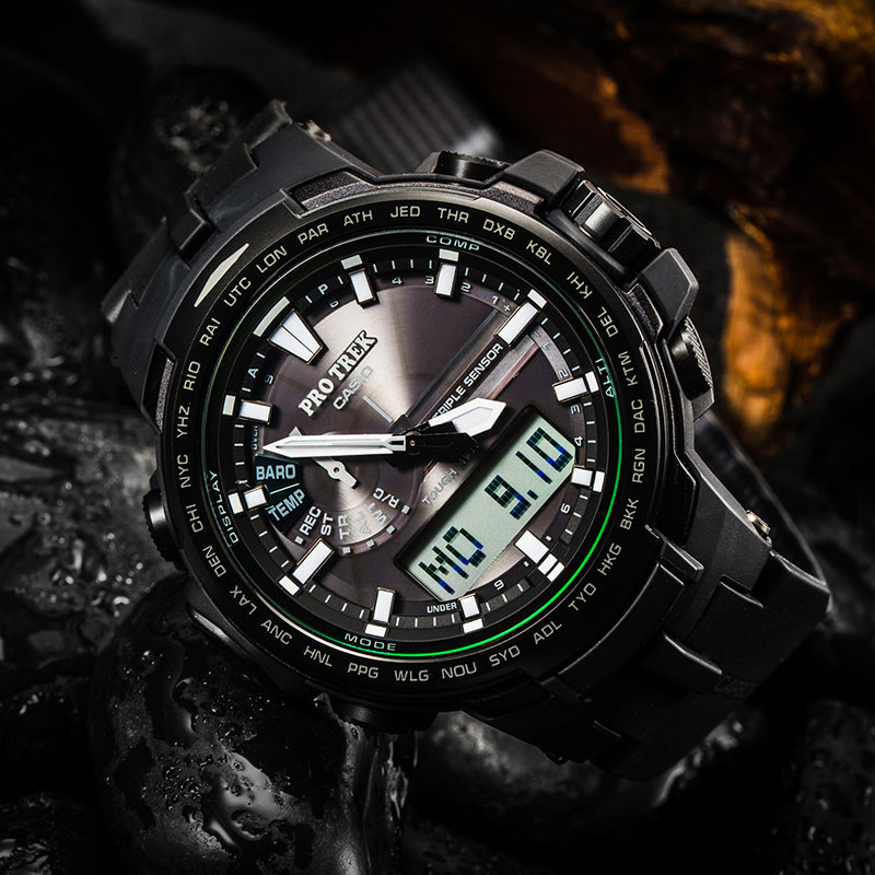 CASIO Solar Powered Sports Mens BlackGreen Analog/Digital Combo PRW-S6100Y-1