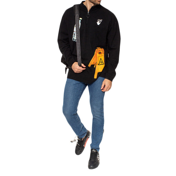 Men's Off-White Pattern Printing Round Neck Long Sleeves Loose Fit Black 0MAB031F20FAB0011010