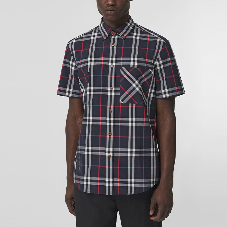 Men's Burberry SS21 Logo Plaid Loose Short Sleeve Shirt Navy Blue 80433391