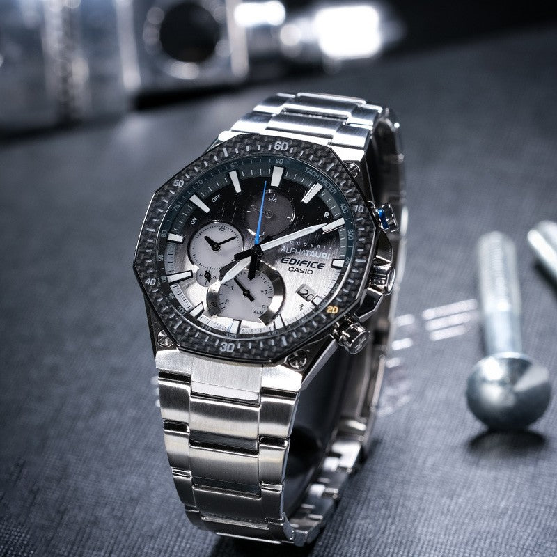 CASIO EDIFICE Sports Solar Powered Waterproof Sapphire Crystal Black DialSilver Strap Mens BlackSilver Analog EQB-1100AT-2APR
