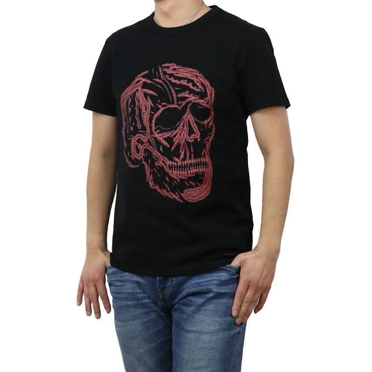 Men's Alexander McQueen SS21 Skeleton Pattern Round Neck Short Sleeve Black 631391-QPZ87-0911