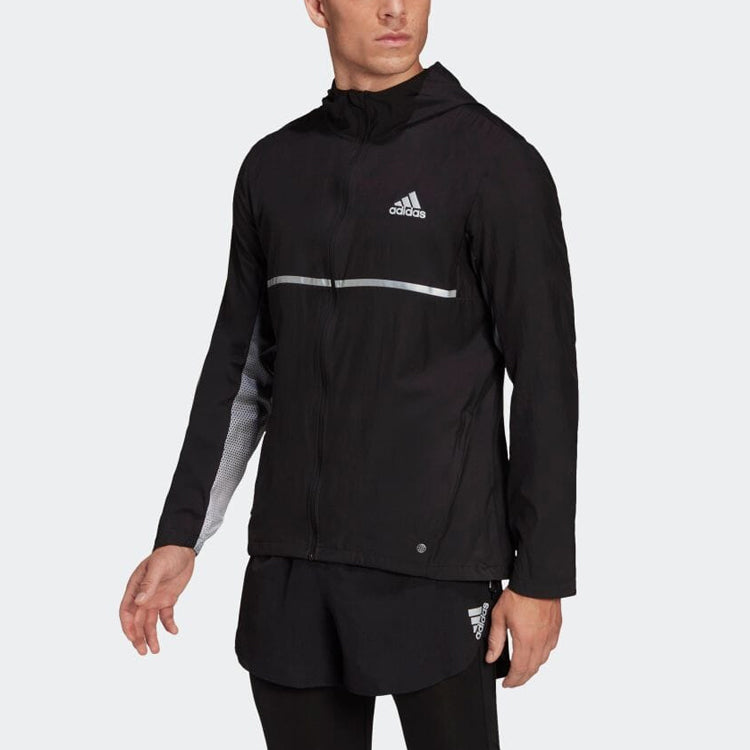 Men's adidas Own The Run Colorblock Jacket Long Sleeves hooded Version Black HB9154