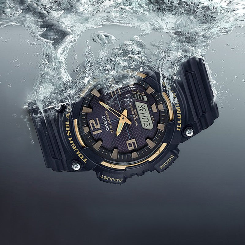 CASIO Waterproof Sports Solar Powered Mens Black/Gold Analog/Digital Combo AQ-S810W-1A3V